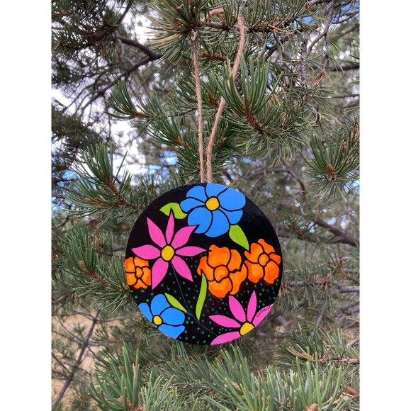 Hand Crafted Wooden Multicolor Floral Christmas Tree Ornament Hand-Painted Art - Picture 1 of 3